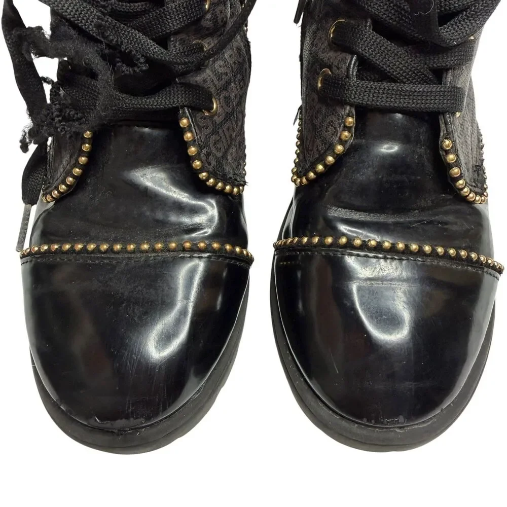 BCBG Girls Combat Boots Faux Leather Logo Stud Lace Up Lug Sole Big Girl 1